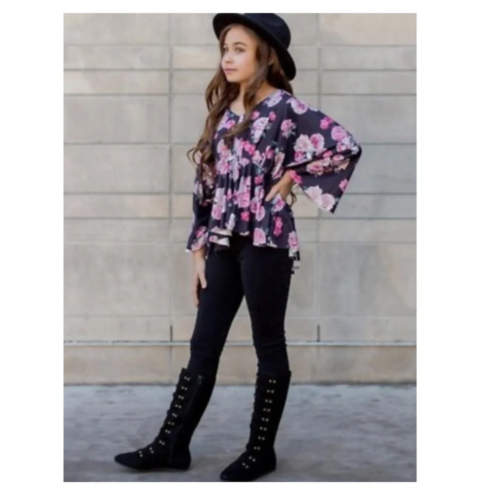 Joyfolie | Boho Bell Sleeves Rose Floral Kayla Top | Girls 2